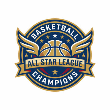 This vibrant logo showcases a basketball with wings and a championship banner, representing excellence and competitiveness in an All-Star League basketball event.