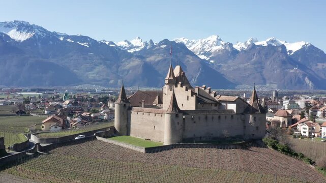 Ch&acirc;teau d'Aigle - Aerial Views of a Medieval Fortress Among the Vines | Swiss Alps | 4K Drone