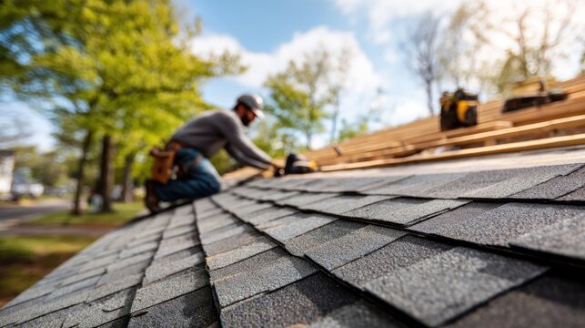 Roofer installing shingles on a new roof