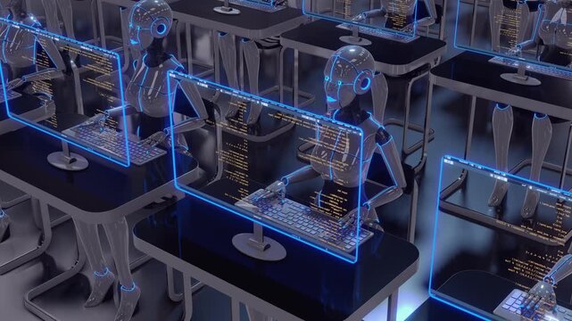 4k Seamless loop video of an automated office with female androids coding on multiple workstations