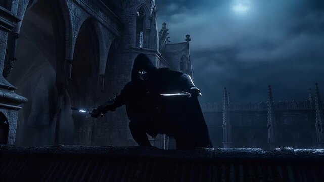 Mysterious hooded figure wielding a lightsaber in a dark castle.