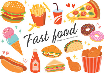 ファストフードの手描きイラストセット