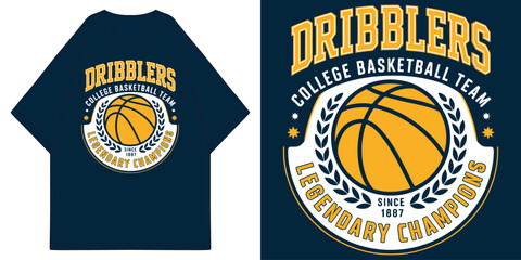 dribblers college basketball team legendary champions with vintage orange ball and laurel wreath t shirt design vector illustration artwork  © MFIEDTeeStock