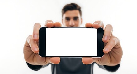 Naklejka premium A man holding a smartphone with a blank screen in front of him