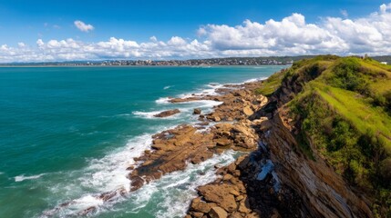 Obraz premium Breathtaking Drone View of Rugged Cliffside and Ocean Waves on a Sunny Day