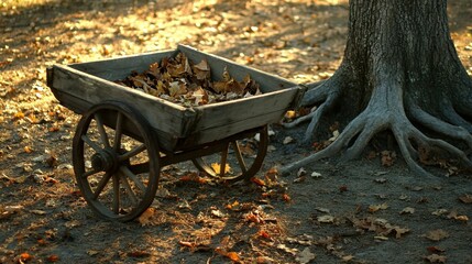 Overturned wooden cart filled with scattered dried autumn leaves next to a large tree trunk in dappled sunlight