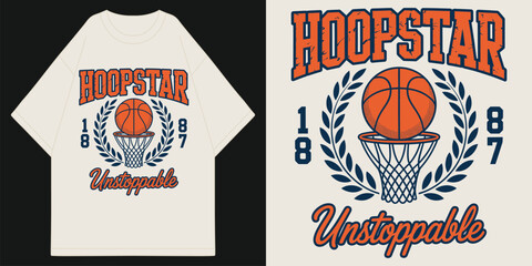 hoopstar unstoppable basketball legends since 1987 vintage varsity collegiate typography with laurel wreath t shirt design vector illustration artwork  © MFIEDTeeStock