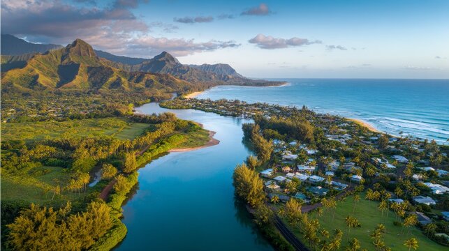 Aerial view of Kauai with lush greenery, mountains, rivers and palm trees surrounding a beachside town along Hanalei Bay, serene tropical rainforest, blue sky, idyllic high-resolution landscape