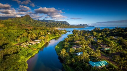 Fototapeta premium Aerial view of Kauai with lush greenery, mountains, rivers and palm trees surrounding a beachside town along Hanalei Bay, serene tropical rainforest, blue sky, idyllic high-resolution landscape