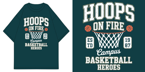 hoops on fire campus basketball heroes with vintage hoop net and orange ball collegiate aesthetic t shirt design vector illustration artwork  © MFIEDTeeStock