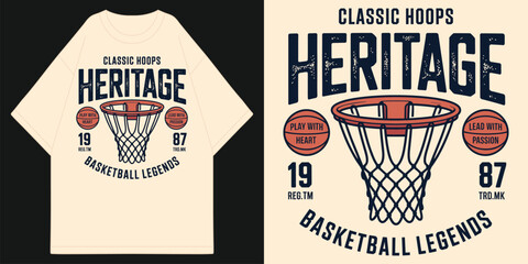 classic hoops heritage basketball legends with hoop net and vintage orange ball aesthetic t shirt design vector illustration artwork  © MFIEDTeeStock