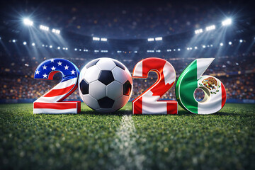 Fototapeta premium Soccer ball with 2026 World Cup flags on stadium field under lights