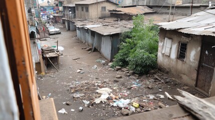 Naklejka premium Insight into a Dilapidated Urban Area Filled with Debris and Neglect
