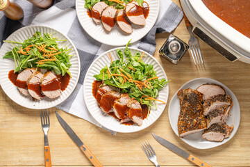 Pork tenderloin wirh barbecue sauce and healthy side salad