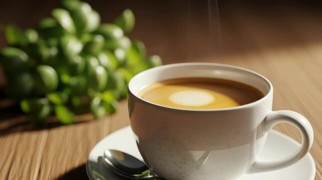 Coffee beverage and aroma during a relaxing morning ritual with steaming hot coffee cup on wooden table alongside fresh green coffee beans Warmth comfort and tranquility with person enjoying a