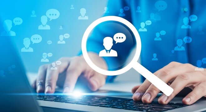Sentiment analysis concept, hand typing on laptop with user icon and chat bubbles. AI opinion mining, customer feedback evaluation, emotion detection, social media analytics for marketing insight.