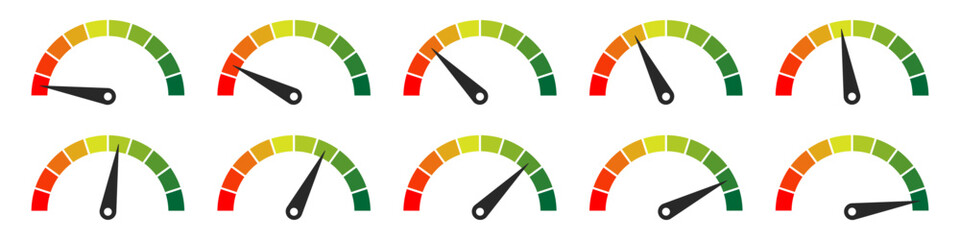 Speedometer icon set or Tachometer icon concept of dashboard, gauge, meter, speed, indicator, performance, dial, level, control, measurement Vector illustration