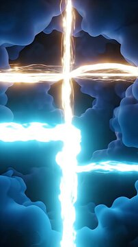 Abstract Representation of Amblyopia Pathway Imbalance CGI Animation with Blue and Gold Electrical Energy Flow Amidst Dark Clouds