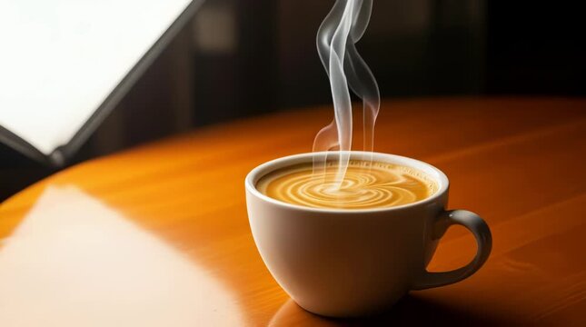 Coffee beverage and latte art during a cozy morning ritual with steaming cappuccino being enjoyed by a person in a warm inviting atmosphere Relaxation warmth and comfort with individual savoring