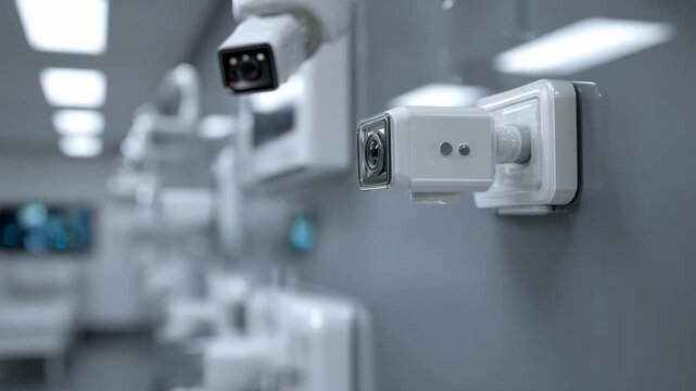 Modern exam room pod designed for telemedicine showcasing integrated cameras and medical instruments focused sharply against a subdued blurred environment.