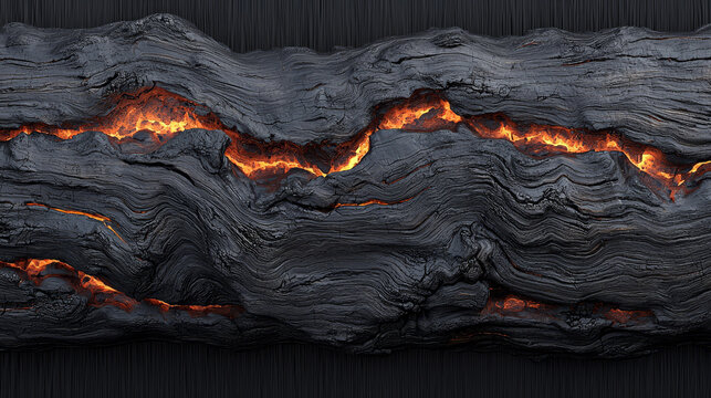 Charred wood texture scorched timber surface glowing cracks burnt log rough pattern dark background fiery orange light natural disaster dramatic intense heat