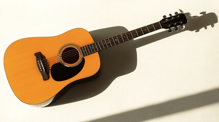 Obraz premium Acoustic guitar placed on a minimalist white surface, casting soft shadows in a clean studio setup.
