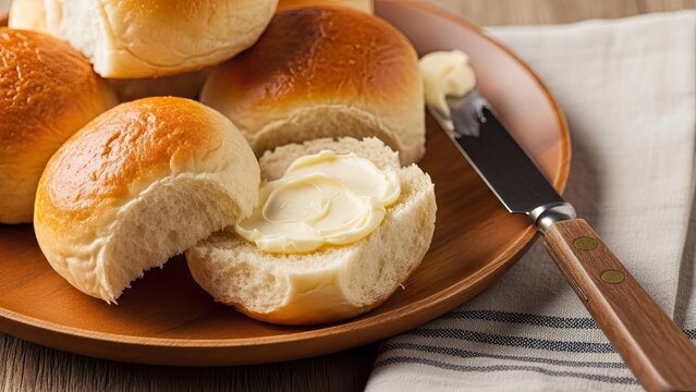 Freshly baked golden dinner rolls served on a wooden plate, with one roll cut open and generously buttered, alongside a butter knife.