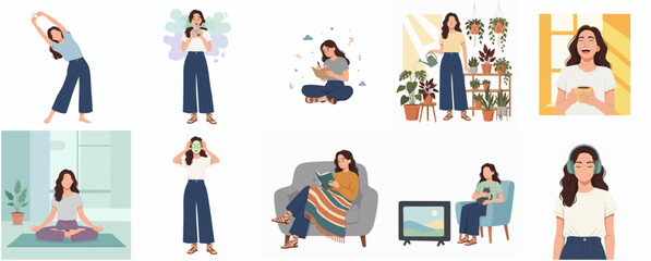 Fototapeta premium Simple Flat Woman Daily Activity Lifestyle Set Illustration Concept