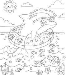Obraz premium Cute Funny Dolphin Coloring Page for Kids Simple Cartoon Dolphin Line Art