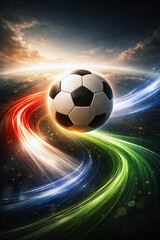 Fototapeta premium Soccer ball flying with speed motion trails on dark futuristic background