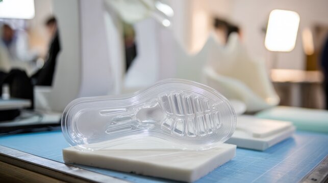 Orthopedic shoe insert inside a clear mold, showing arch support. product launch decks, UI/UX mockups, designed for data visualization dashboards and holographic UIs.