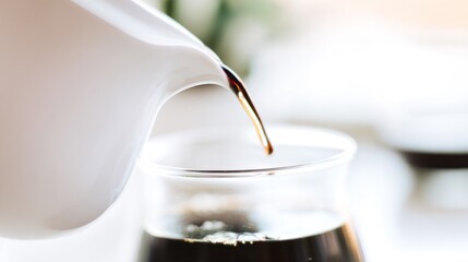 Obraz premium White ceramic coffee dropper, slowly drip dark liquid into a transparent glass water bottle. Bar promotions, beverage menus, designed specifically for product packaging and bar promotions.