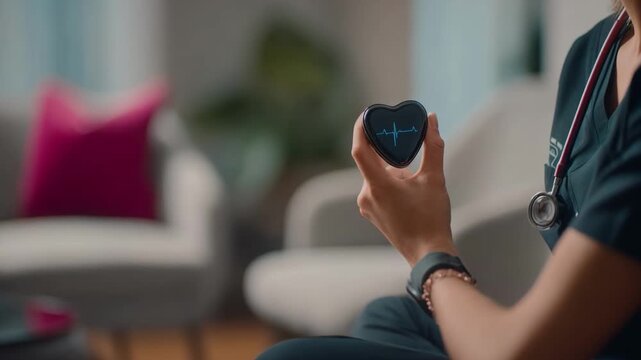 Medium shot of a nurse syncing a patients cardiac rehab wearable device in a softly blurred lounge area emphasizing technology aiding personalized heart recovery plans.