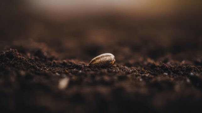 A seed buried in dark and fertile soil, with subtle highlights. Home Decoration Guide, designed specifically for home decoration and floral brands, for use by operations managers.