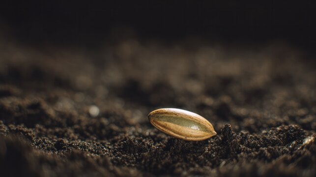 A single seed buried in dark, rich soil with subtle highlights. gardening catalogs, home-decor guides, designed for home decor and floral branding, used by operations managers.
