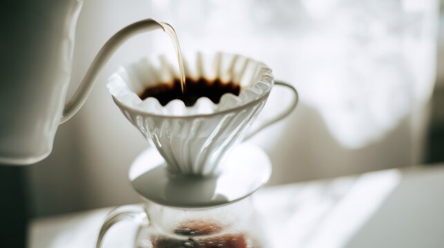 White ceramic coffee dripper with dark liquid slowly dripping into a clear glass carafe. bar promotions, beverage menus, designed for product packaging and bar promotions.
