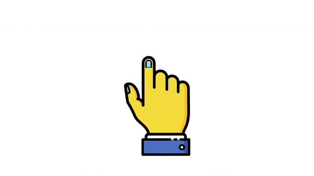 Animated yellow hand with blue cuff pointing and clicking on white background.