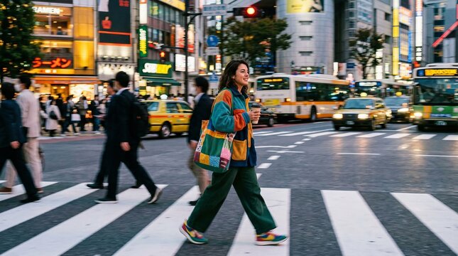 City scene - woman crossing intersection at night with coffee and neon signs