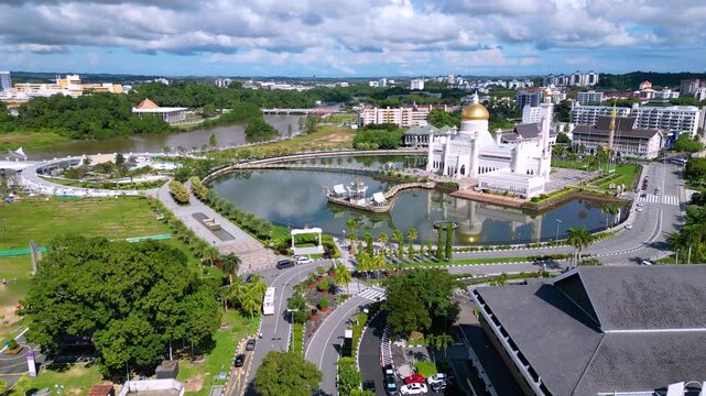 Aerial shot of Masjid Omar 'Ali Saifuddien is one of the two state mosque and One of the biggest in Brunei, Bandar seri begawan.