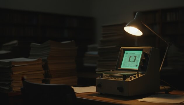 Medium shot of a microfiche station illuminated by a small lamp the reader in sharp focus while the darkened room with blurred newspaper stacks recedes.
