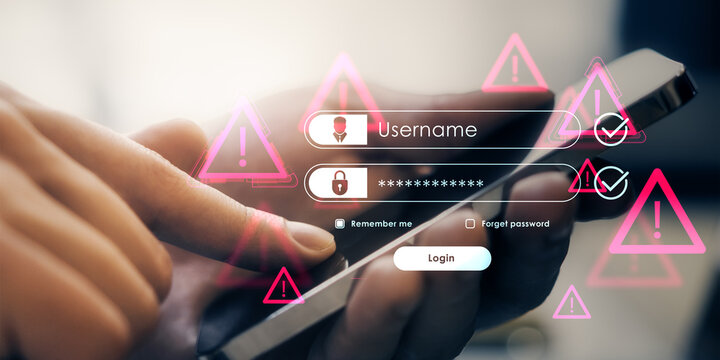 Smartphone user interacting with a login screen overlaid with warning symbols highlighting digital security risks and cyber danger in an online environment.