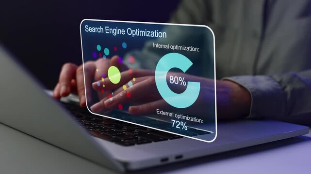 Learning about search engine optimization with data on internal and external optimization scores while using a laptop at night.