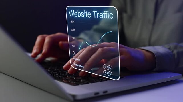 Website traffic data shown on a laptop while a person operates the keyboard during evening work hours.