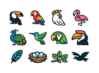 Fototapeta premium Collection of colorful cartoon birds and nature elements on a white background
