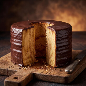A Delicious Chocolate Glazed Baumkuchen with a Slice Removed, Showcasing its Signature Layered Interior on a Rustic Wooden Board.