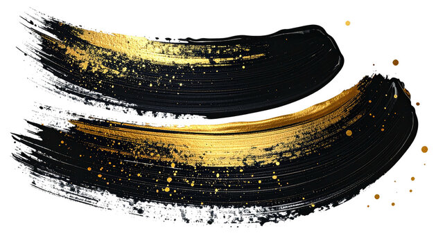 Two dark brush strokes with gold flecks, slightly curved, on black