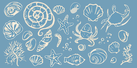 A collection of hand drawn seashells marine life and coral on blue © Milton