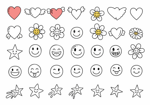 Collection of simple hand drawn hearts, flowers, smiley faces, and stars in various styles on a clean background.