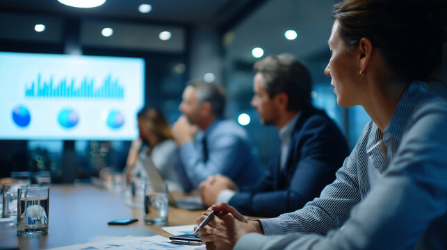 Corporate boardroom filled with executives staring at a projected chart showing workflow bottlenecks