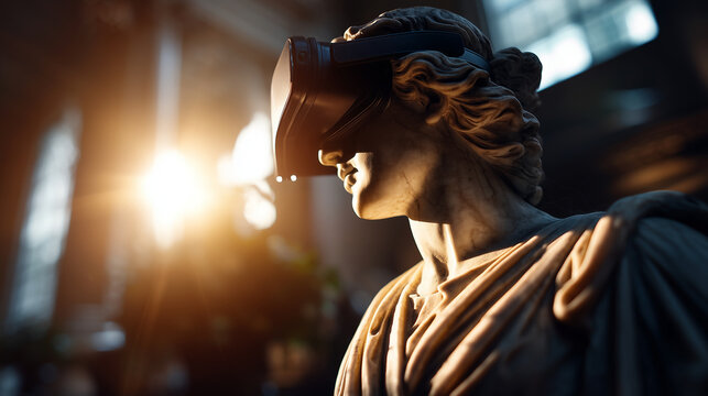 Aesthetic shot of a classic marble statue with a modern VR headset or digital visor, The Blur of Reality, soft morning sunlight in a gallery, contrast between ancient stone and sle